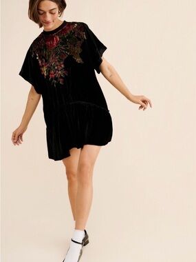 Free People Black Velvet Floral Embroidered Mini Dress